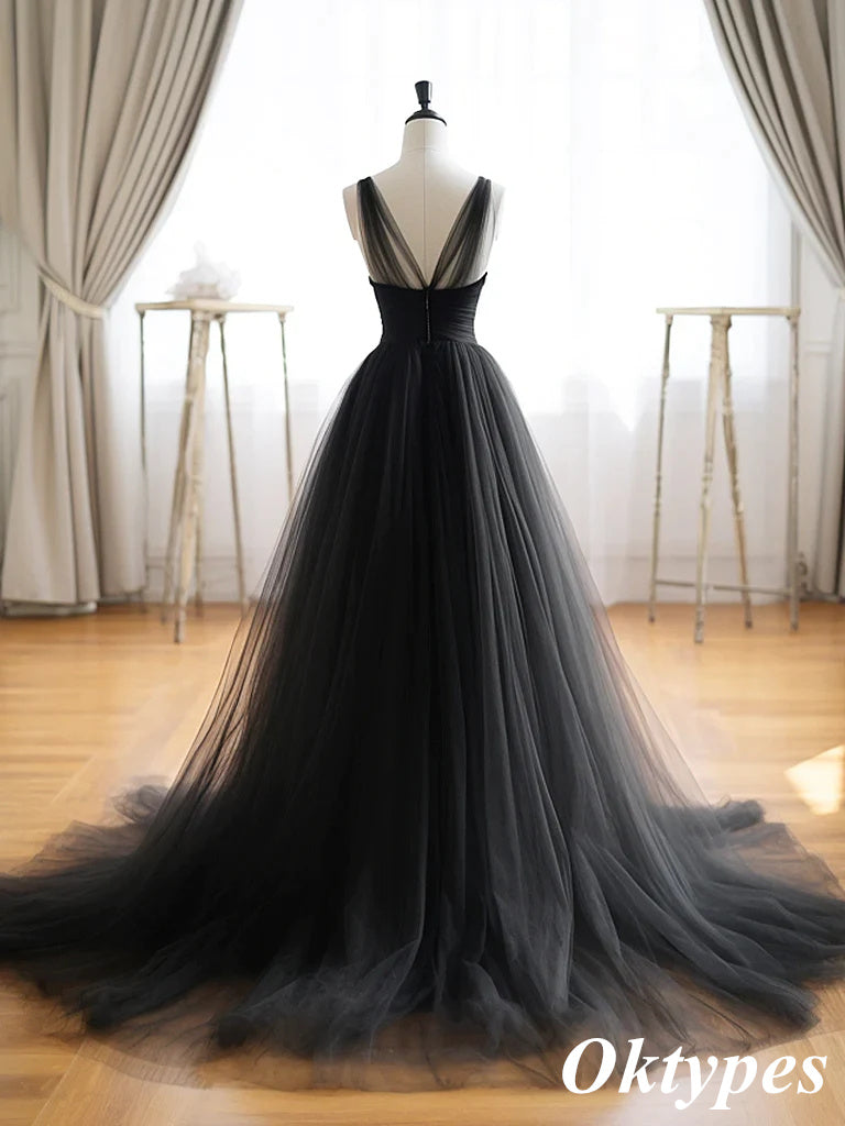 Classy Black Deep V-neck Sleeveless Tulle Long A-Line Evening Gown, PDS1053