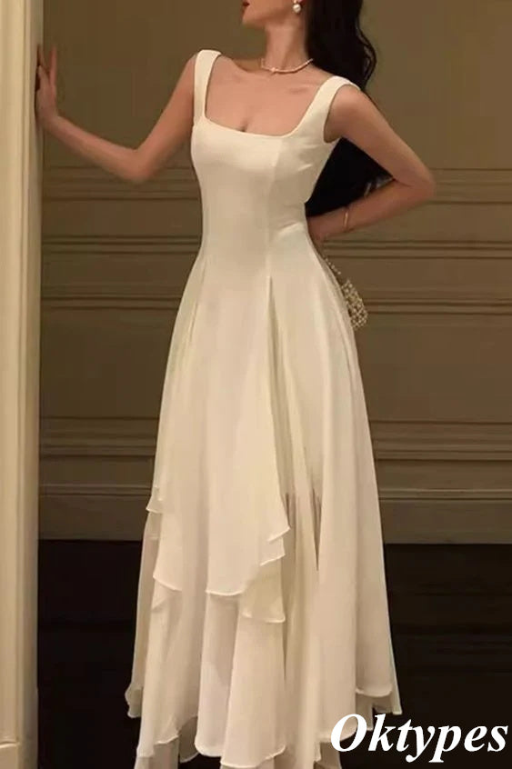 Sweet White Square Sleeveless Long A-Line Prom Dress, PDS1054