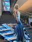 Luxurious Appliqued Blue Velvet With Trailing Mermaid Floor-Length Prom Dresses PDS1155