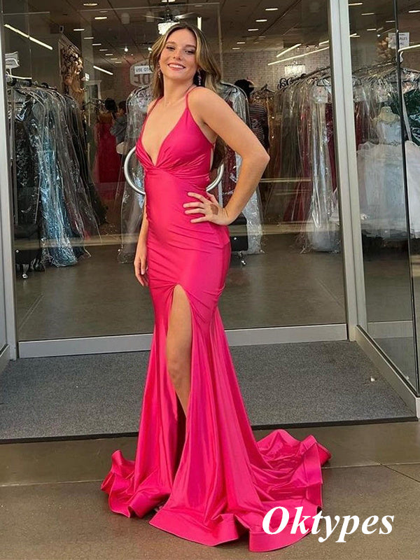 Sexy Fuchsia Pink Soft Satin Halter Mermaid Long Prom Dresses, PDS1031