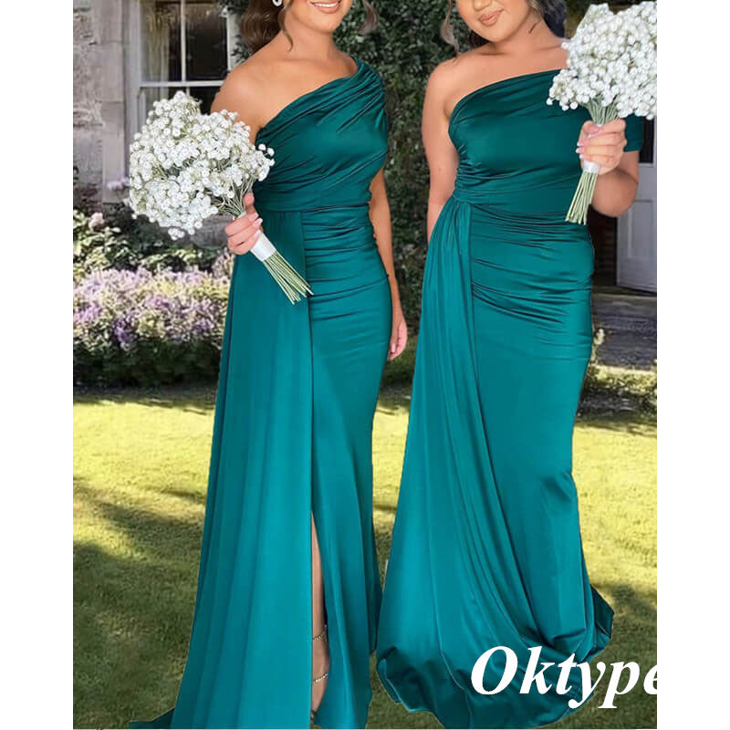 Sexy Soft Satin One Shoulder Side Slit Mermaid Floor Length Bridesmaid Dresses With Trailing, BDS0274