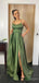 Classy Emerald Spaghetti Strap Side Slit Ruffle A-Line Women Floor-Length Prom Dresses PDS1229