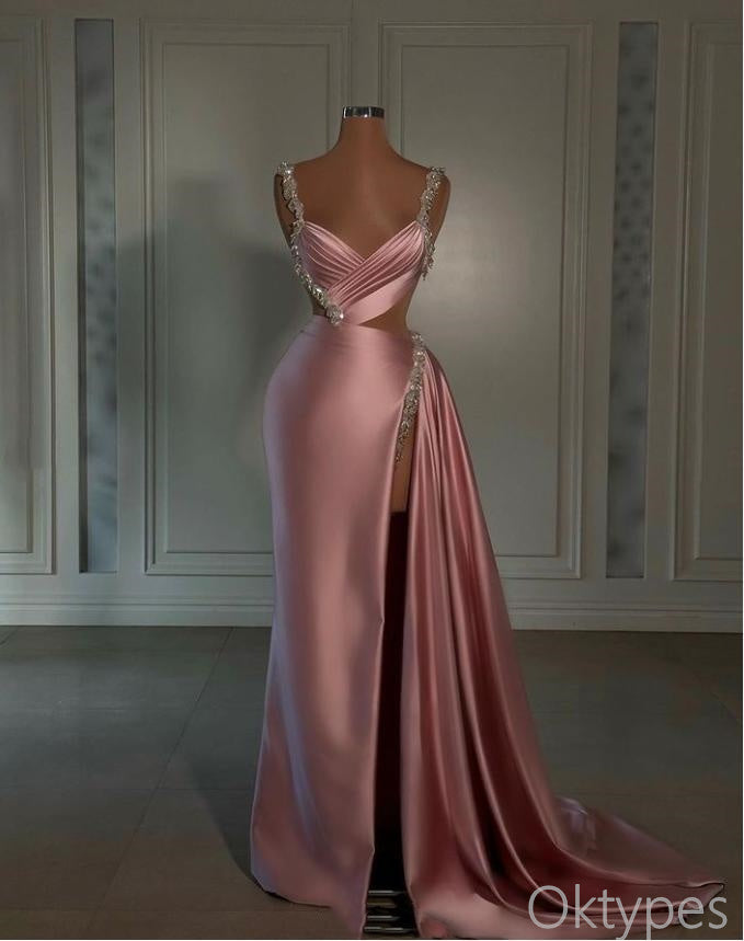 Elegant Blushing-Pink Beaded Mermaid Floor-Length Prom Dresses PDS1114