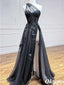 Sexy Black One Shoulder Sweetheart Appliques Side Slit Tulle Floor-Length A-Line Formal Dresses, PDS1058