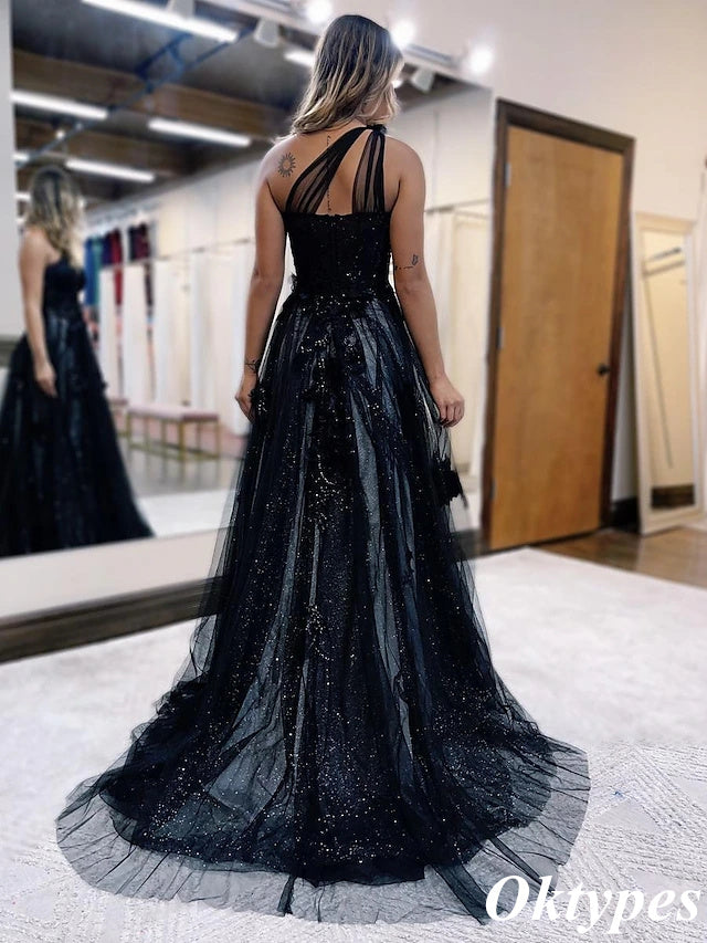 Sexy Black One Shoulder Sweetheart Appliques Side Slit Tulle Floor-Length A-Line Formal Dresses, PDS1058