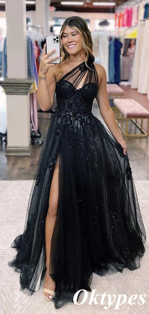 Sexy Black One Shoulder Sweetheart Appliques Side Slit Tulle Floor-Length A-Line Formal Dresses, PDS1058