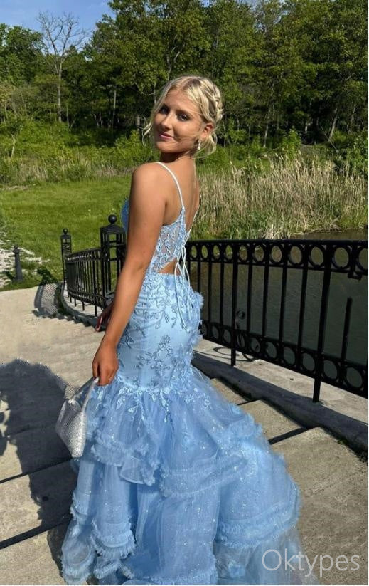 Blue Princess Mermaid Spaghetti Strap Ruffle Women Floor-Length Prom Dresses PDS1218