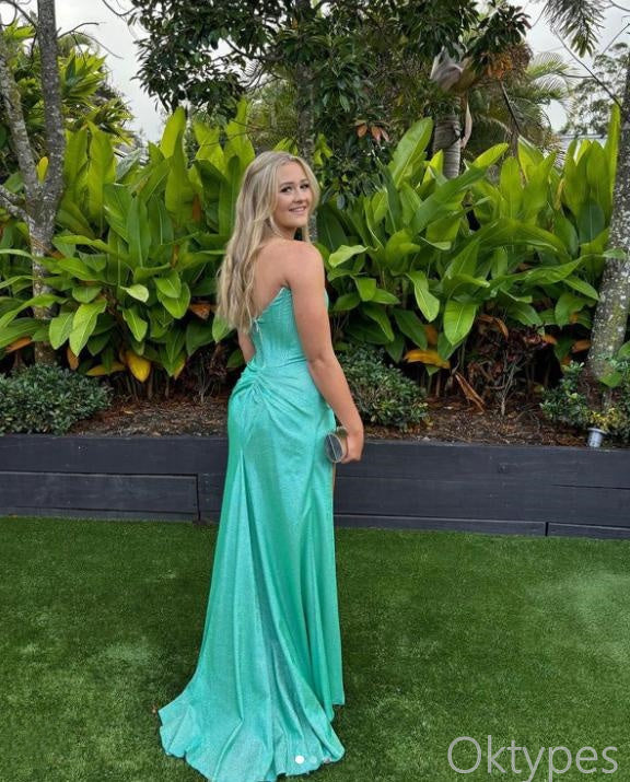 Sexy Women Mint-Green Strapless Side Slit  Mermaid Floor-Length Prom Dresses PDS1156