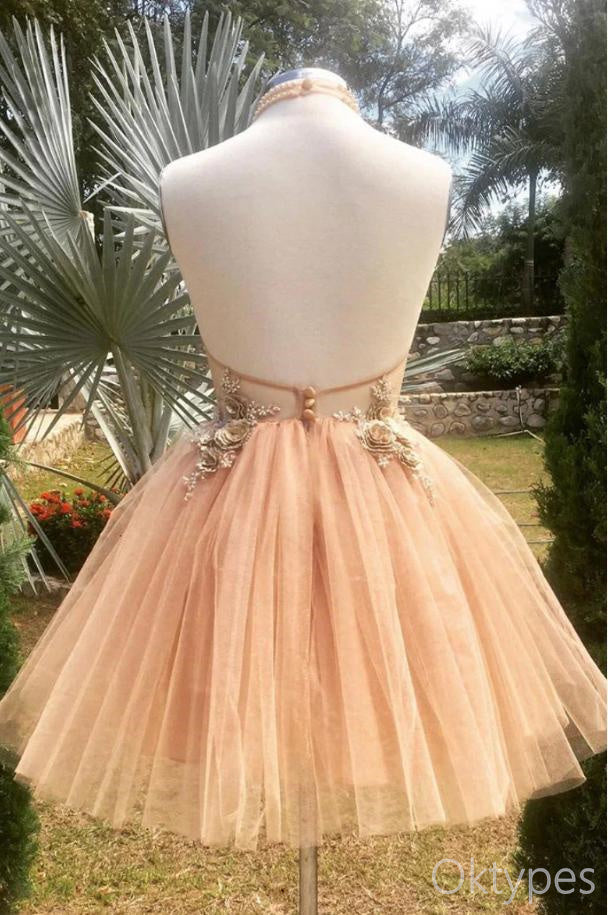 Orange Halter Appliqued Tulle Sexy Women Mini Dresses Homecoming Dresses, PDS0557