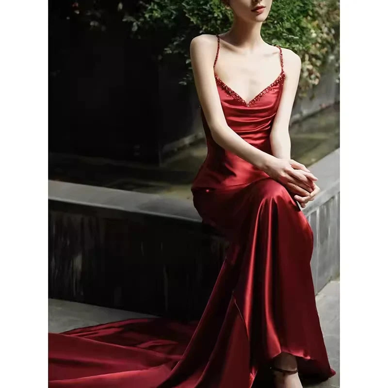 Gorgeous Burgundy Spaghetti Strap with tail Formal Dresses, PDS1068