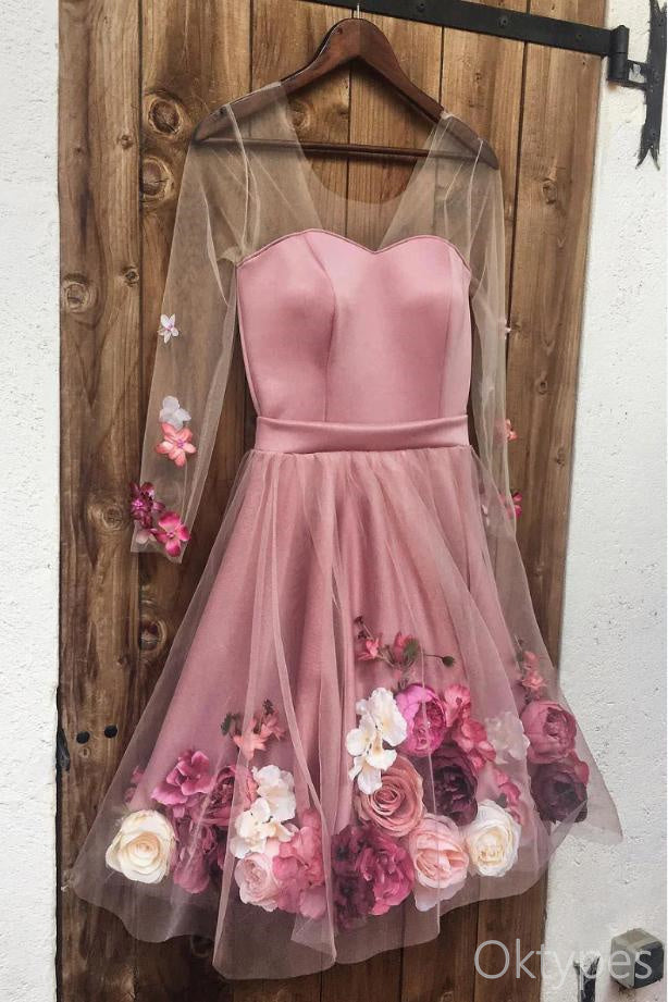 See Through Flower Appliqued Sweetheart Strapless Women Mini Dresses Homecoming Dresses, PDS0563