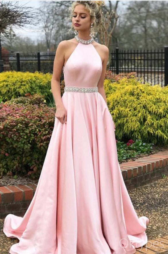 Pink Cute Halter Beaded Backless Criss-Cross A-Line Women Floor-Length Prom Dresses PDS1230