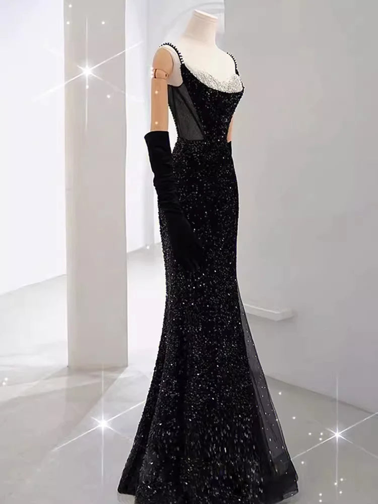 Gorgeous Black Side Slit Spaghetti Strap Evening Dresses, PDS1061