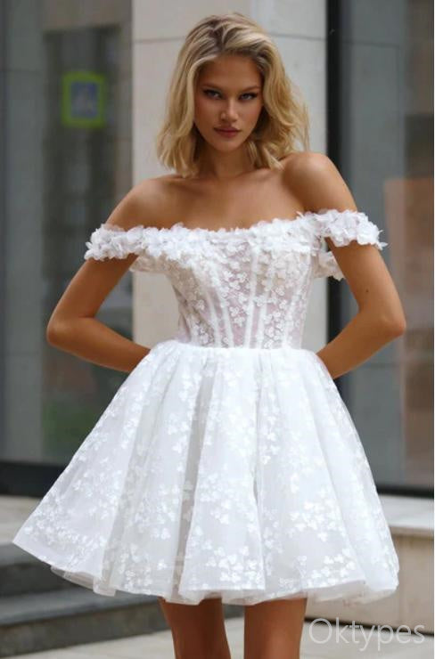 Alluring White Word Shoulder Appliqued Flower A-Line Mini Dresses Homecoming Dresses, PDS0588