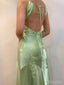 Green Appliqued V-Neck Spaghetti Strap Floor-Length Prom Dresses PDS1183