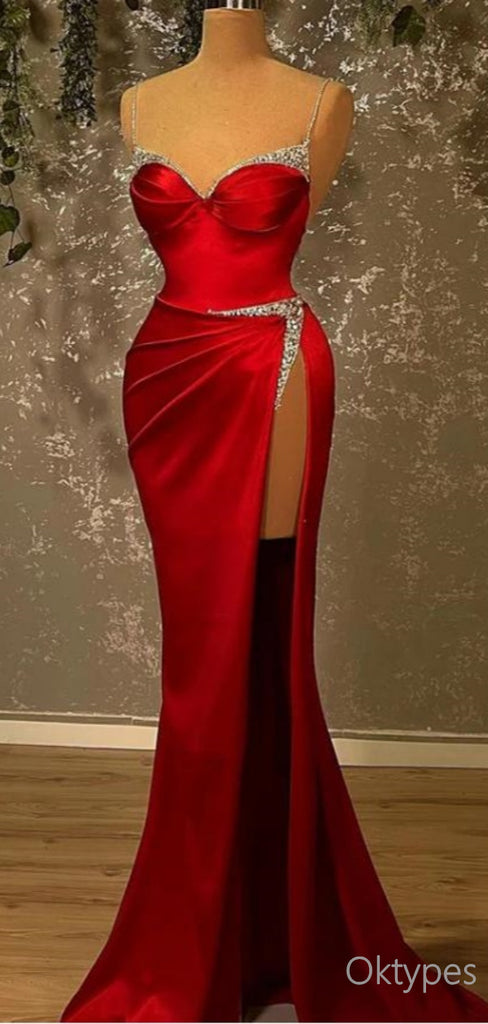 Sexy Red Side Slit Beaded Strapless Satin Women Floor-Length Prom Dresses PDS1212