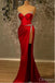 Sexy Red Side Slit Beaded Strapless Satin Women Floor-Length Prom Dresses PDS1212