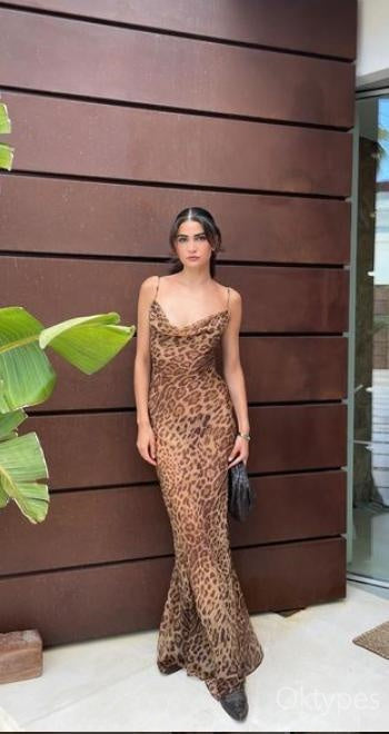 Sexy Leopard Spaghetti Strap Sheath Women Floor-Length Prom Dresses PDS1197