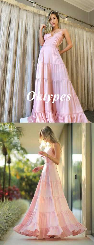 Sexy Pink Soft Satin Spaghetti Straps V-Neck A-Line Long Prom Dresses, PDS1022