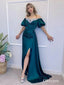 Sexy Satin V-Neck Off Shoulder Short Sleeves Side Slit Mermaid Long Prom Dresses, PDS0972