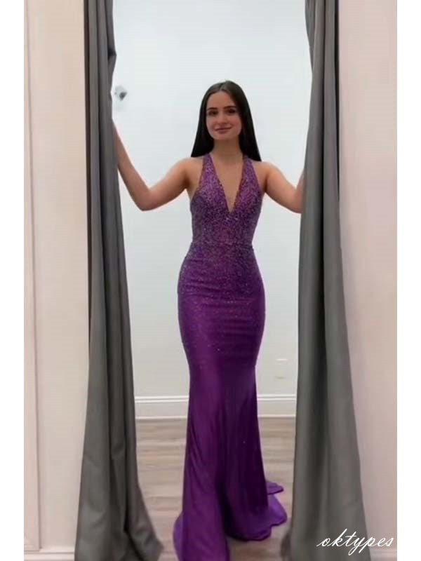 Women Elegant Orchid Deep-V-Neck Long Mermaid Evening Dresses PDS1072