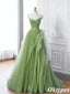 Elegant Light Green Appliques Sleeveless Sweetheart Tulle A-Line Long Evening Dresses, PDS1045