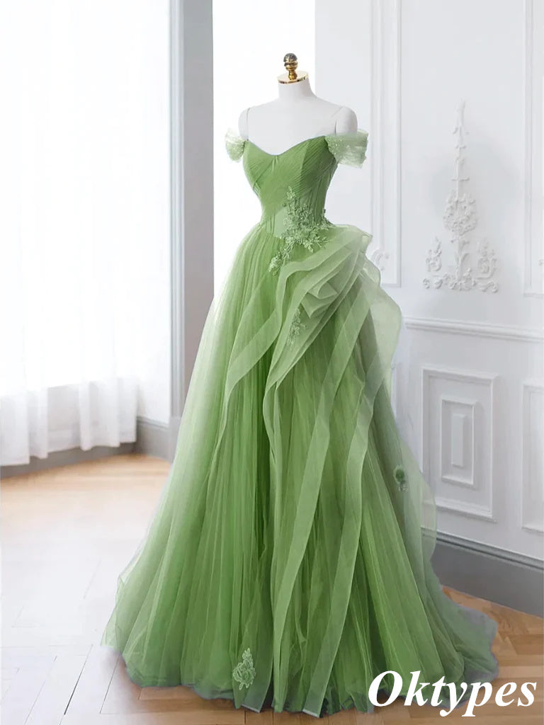 Elegant Light Green Appliques Sleeveless Sweetheart Tulle A-Line Long Evening Dresses, PDS1045