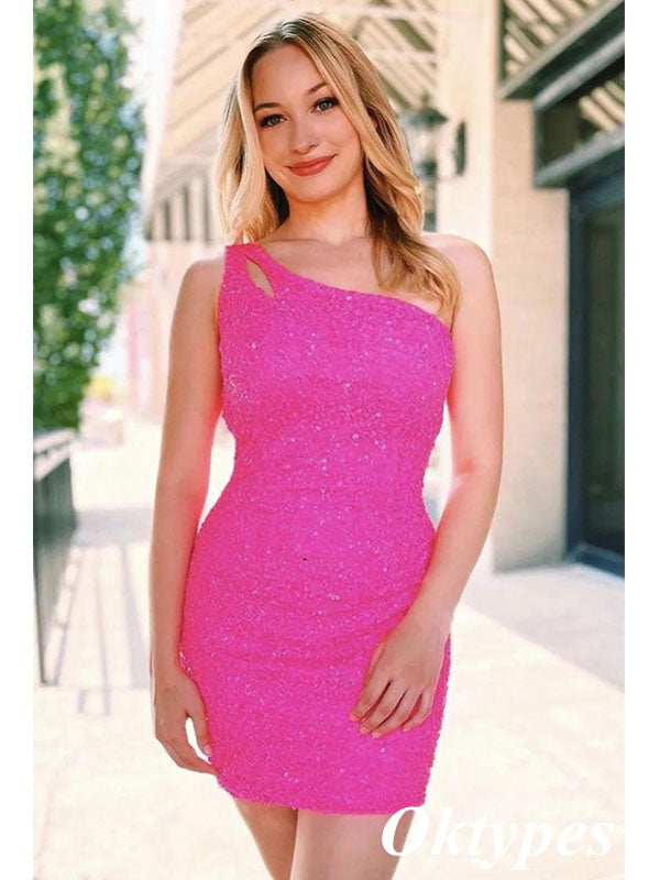 Sexy Pink Sequin One Shoulder Sheath Mini Dresses/ Homecoming Dresses,PDS0522