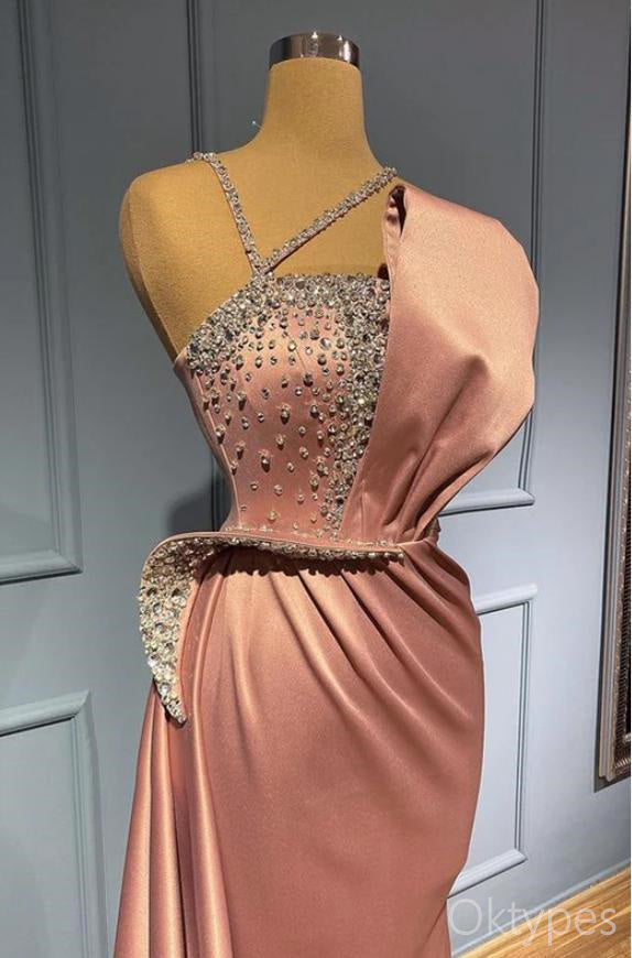 Simple Coral Beaded One Shoulder Satin Women Floor-Length Prom Dresses PDS1211