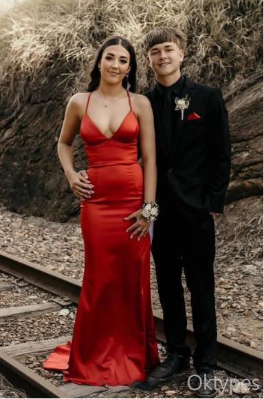 Red Sexy V-Neck Satin Spaghetti Strap Women Floor-Length Prom Dresses PDS1208