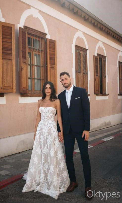 Simple Lace Strapless Empire White Long Wedding Dresses,WDS0150