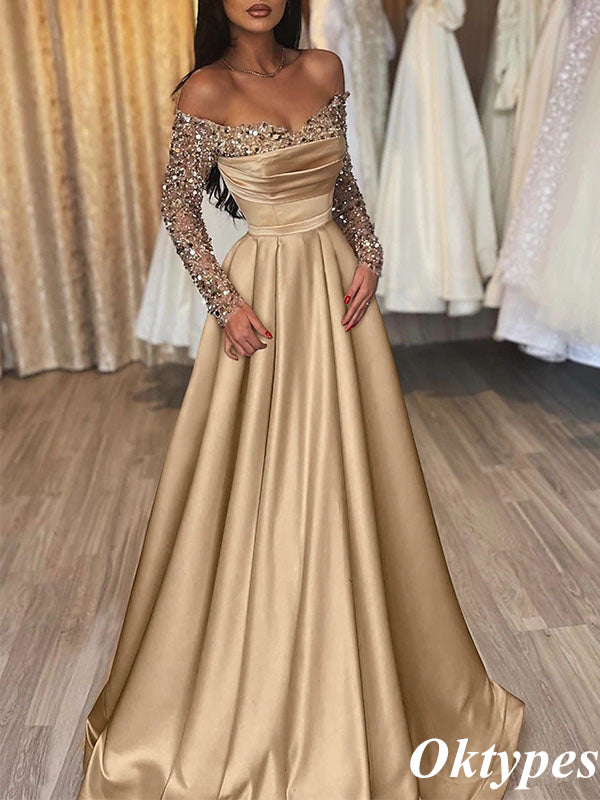 Sexy Champagne Off Shoulder Beading Sweetheart A-Line Long Evening Dresses, PDS1044