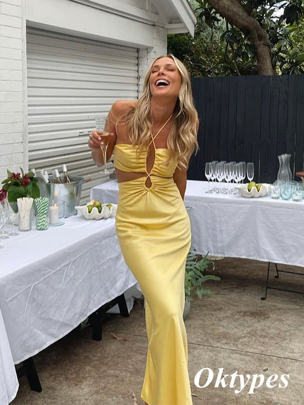 Sexy Lemon Soft Satin Halter Sleeveless Floor length Long Prom Dresses, PDS1041