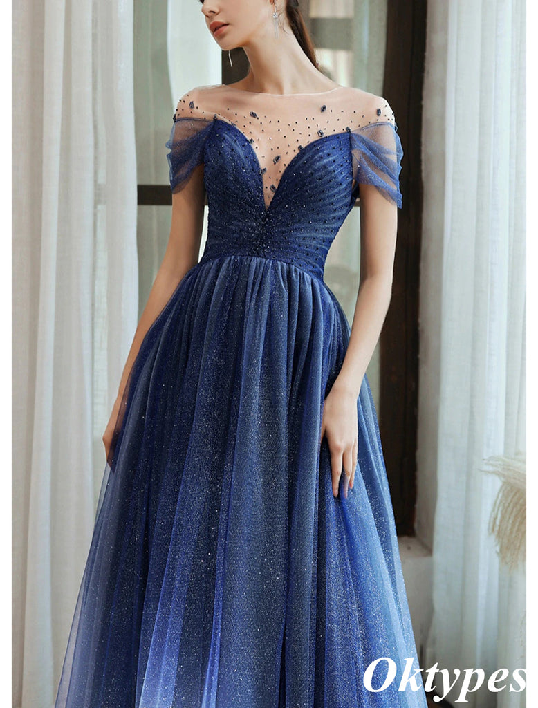 Elegant Blue Beading Illusion A-Line Long  Evening Dresses, PDS1046