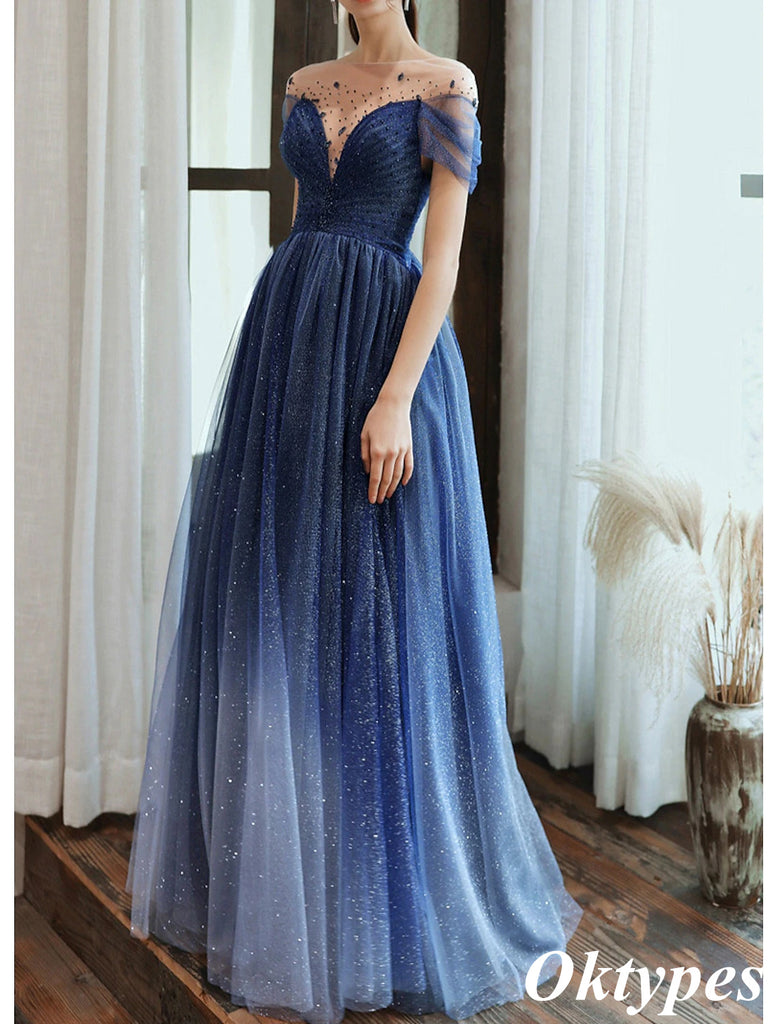 Elegant Blue Beading Illusion A-Line Long  Evening Dresses, PDS1046