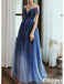 Elegant Blue Beading Illusion A-Line Long  Evening Dresses, PDS1046