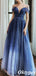 Elegant Blue Beading Illusion A-Line Long  Evening Dresses, PDS1046