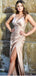 Simple Blushing-Pink V-Neck Side Slit Floor-Length Women Prom Dresses PDS1232