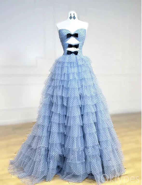 Sky-Blue Tulle Strapless Unique Bow Floor-Length Prom Dresses PDS1166