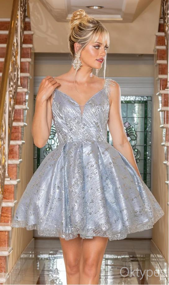 Sliver/Gold V-Neck Appliqued Sparkly A-Line Women Mini Dresses Homecoming Dresses, PDS0573