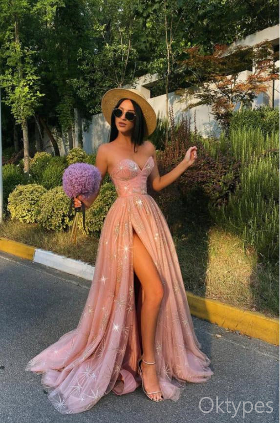 Pink Strapless Side Slit Sweetheart Tulle Women Floor-Length Prom Dresses PDS1216