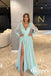 Elagant Chiffon Deep V-Neck Long Sleeves Side Slit A-Line Long Prom Dresses, PDS1029