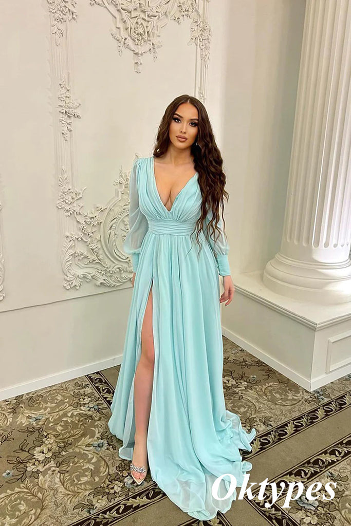 Elagant Chiffon Deep V-Neck Long Sleeves Side Slit A-Line Long Prom Dresses, PDS1029