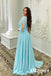 Elagant Chiffon Deep V-Neck Long Sleeves Side Slit A-Line Long Prom Dresses, PDS1029