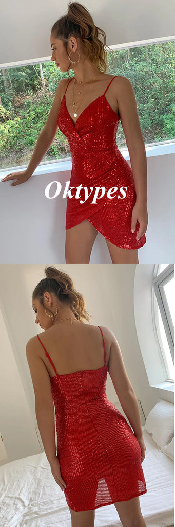 Sexy Red Sequin Spaghetti Straps V-Neck Sheath Mini Dresses/ Homecoming Dresses,PDS0531