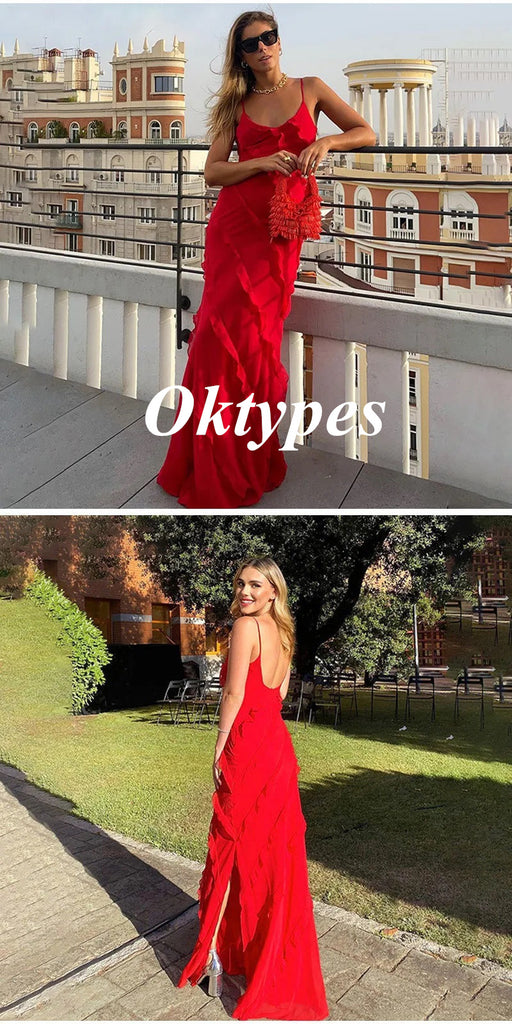 Sexy Red Chiffon Spaghetti Straps V-Neck Side Slit Mermaid Long Prom Dresses, PDS1024