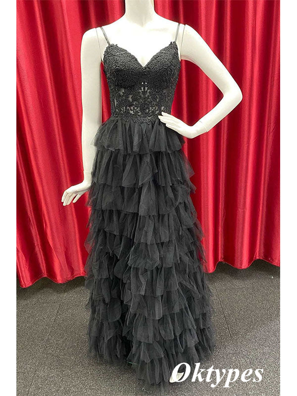 Sexy Black Tulle Spaghetti Straps V-Neck A-Line Long Prom Dresses, PDS1015