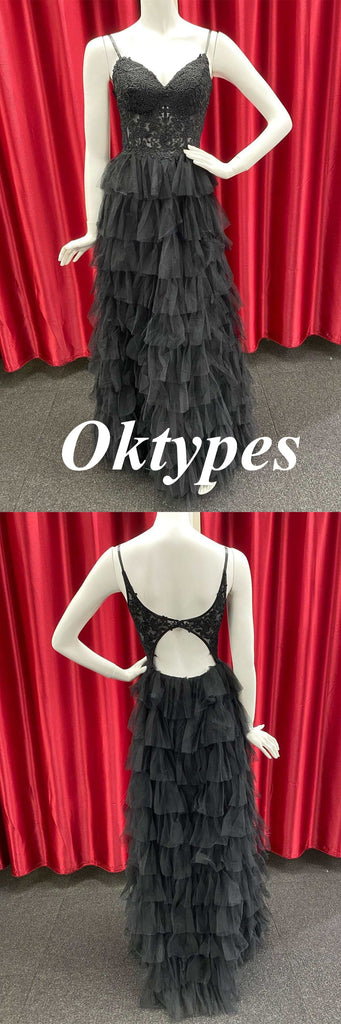 Sexy Black Tulle Spaghetti Straps V-Neck A-Line Long Prom Dresses, PDS1015