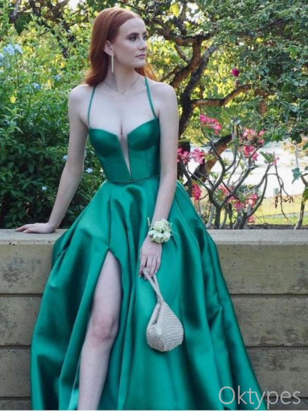 Luxurious Emerald Side Slit Mermaid Spaghetti Strap Women Floor-Length Prom Dresses PDS1205