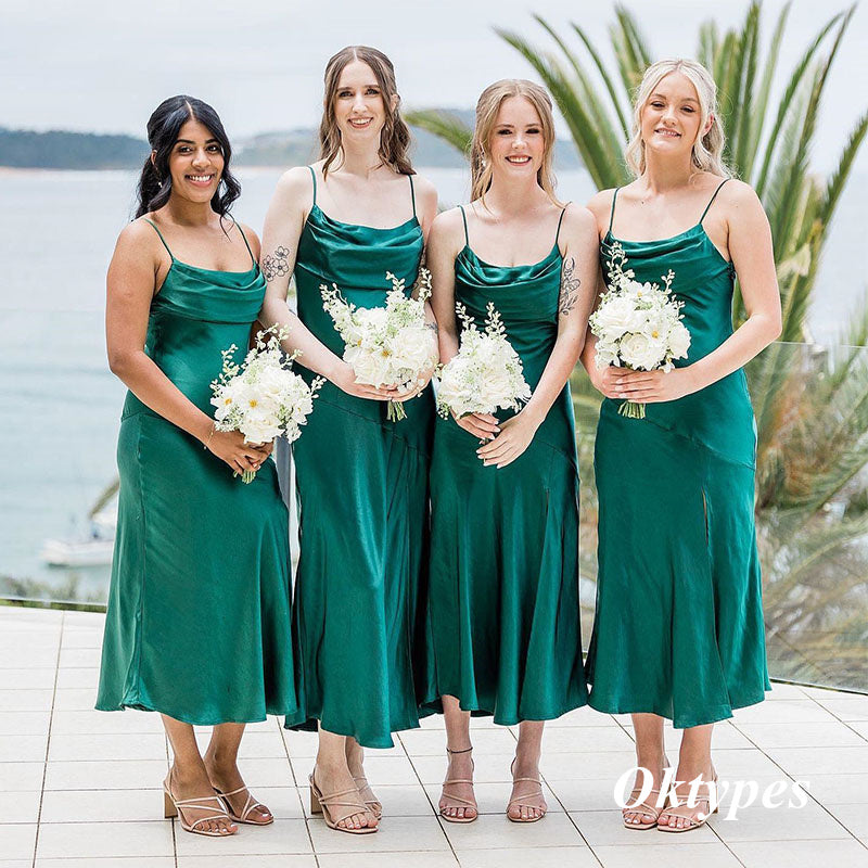 Sexy Soft Satin Spaghetti Straps Cowl Sleeveless Mermaid Teal-Length Bridesmaid Dresses, BDS0313